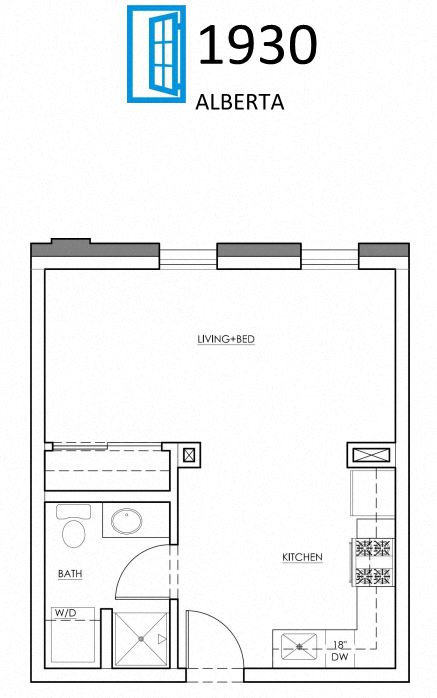 Floor plan for studio, 1 bath, 435 sqft